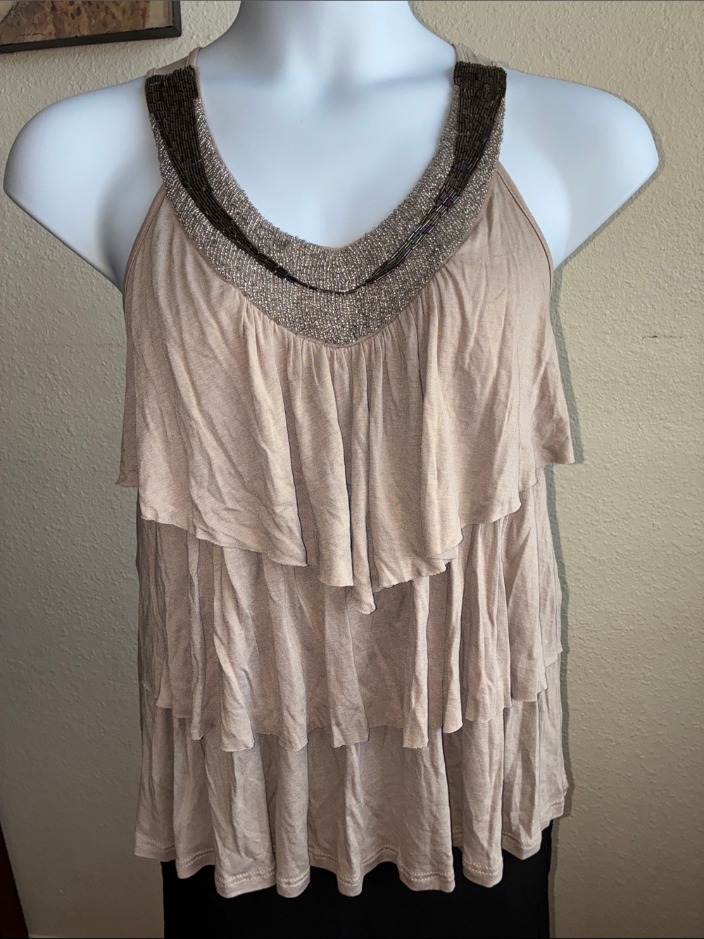 a'gaci Tan Tiered Ruffle Tank with Beaded Neckline
